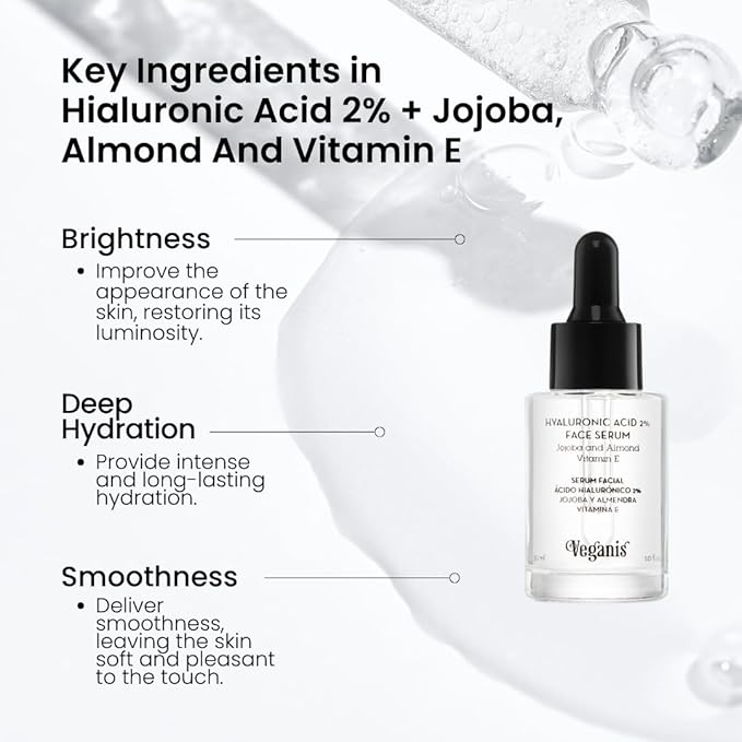 Hyaluronic Acid 2% Face Serum – Anti-Aging Hydrating Formula with Jojoba, Almond Oil & Vitamin E – Smooths Fine Lines & Restores Firmness – 1.0 Fl Oz