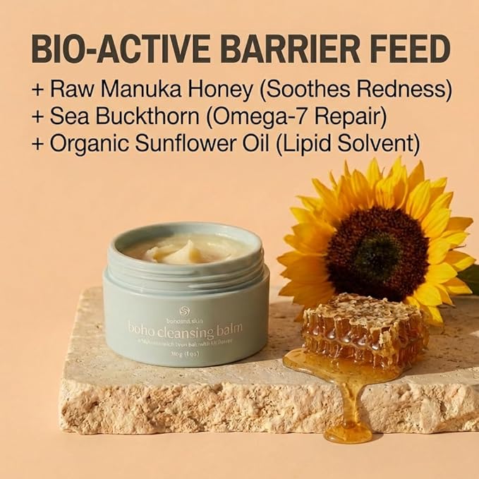 Bohemia Skin Boho Cleansing Balm – Manuka Honey & Sea Buckthorn – Hydrating Makeup Remover & Double Cleanse for Sensitive Skin – Melts Waterproof Mascara & SPF – Barrier Support Face Wash (2oz)