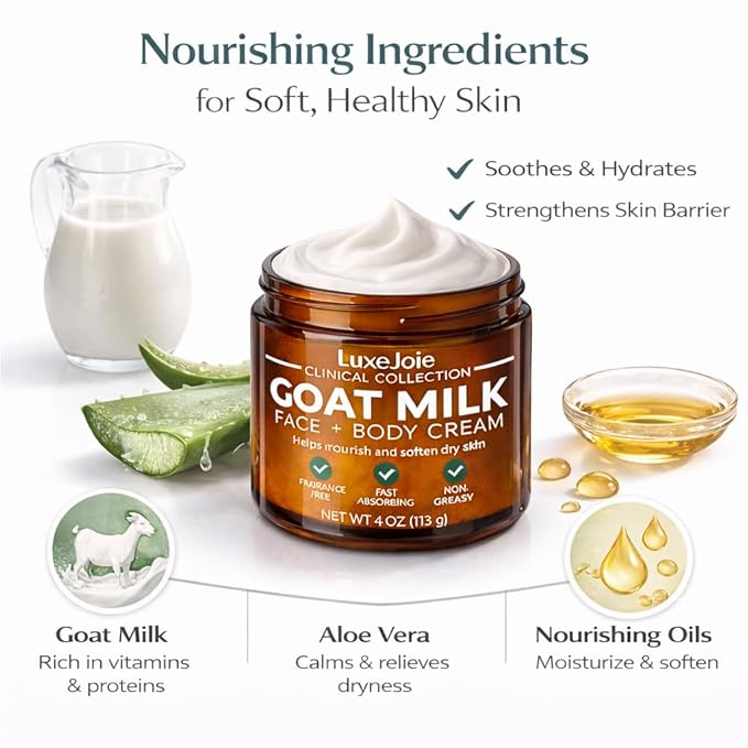 LuxeJoie Goat Milk Face Cream Fragrance Free Moisturizer for Dry & Sensitive Skin Fast Absorbing Non Greasy Hydration Gentle Goat Milk Face & Body Lotion with Shea Butter 16 oz
