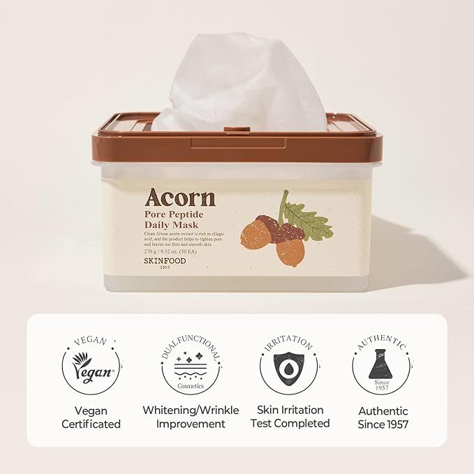 SKINFOOD Acorn Pore Peptide Daily Sheet Mask, Korean 5-Minute Quick Skincare Hack, Pore Tightening & Elasticity, Skin Texture Improvement Face Mask for Sagging Skin Bulk Pack (30EA)