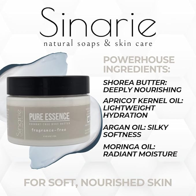 Sinarie Coconut-Free Body Butter | Luxurious Hydration with Shorea Butter, Evening Primrose Oil, Argan & Moringa Oil | Non-Greasy, Natural Ingredients | For Sensitive Skin (5.3 oz., Pure Essence)