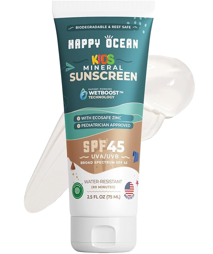Happy Ocean Kids Mineral Sunscreen SPF 45 – Reef Safe, Non-Toxic Sunscreen for Kids, Non-Greasy Zinc Oxide, Travel Size, Water Resistant, Face & Body