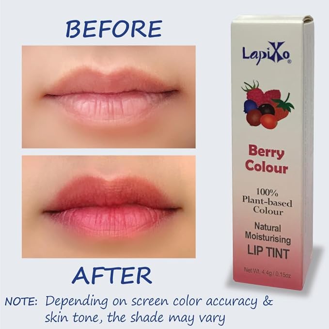 LAPIXO 100% Plant-based Color Lip Tint, Unique Formula, Natural + Moisturizing | 2-in-1 | All Food Ingredients, Non-Toxic, Antioxidant-rich, Natural Matte Sheer, Buildable, 4.4g/0.15oz (Berry color)