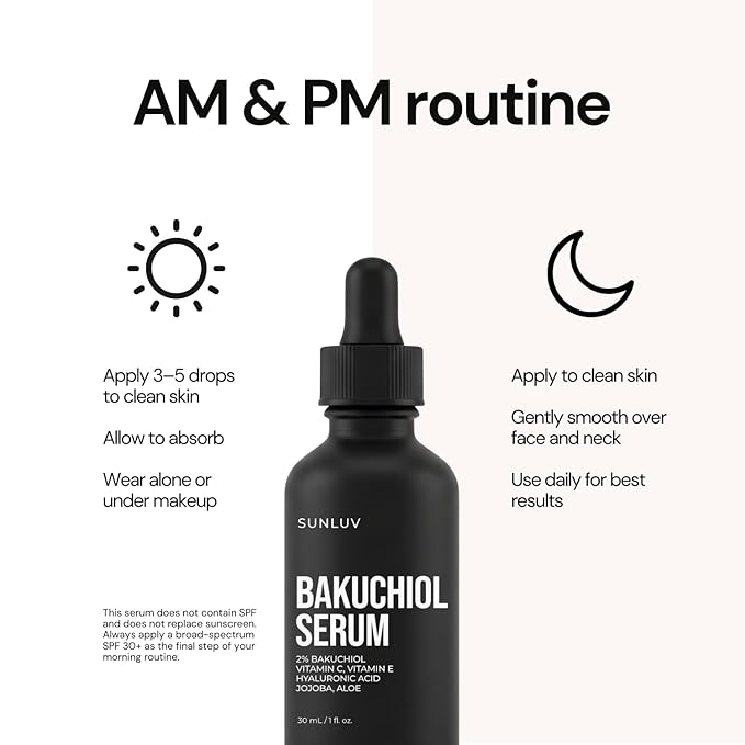 SUNLUV Bakuchiol Serum for Face - 2% Bakuchiol Retinol Alternative | Hyaluronic Acid Vitamin C + E Jojoba Oil | Plumping Hydrating Anti-Aging | Wrinkles Brightening Firming Sensitive Skin Vegan – 1 oz