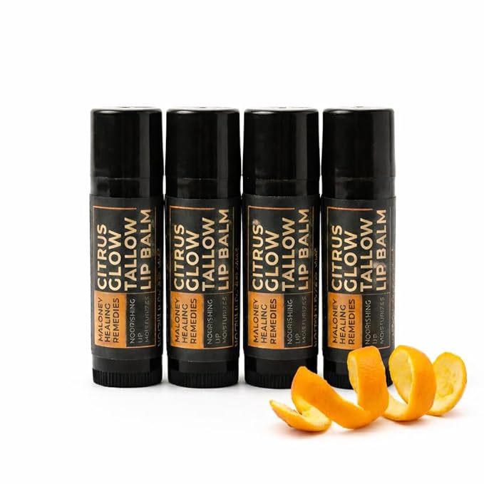 Tallow Lip Balm | 100% Grass-Fed Beef Tallow, Organic Coconut Oil & Beeswax | Natural Lip Care for Dry, Chapped Lips & Dry Lips | No Seed Oils | Citrus Glow | Handcrafted in USA | 4-Pack