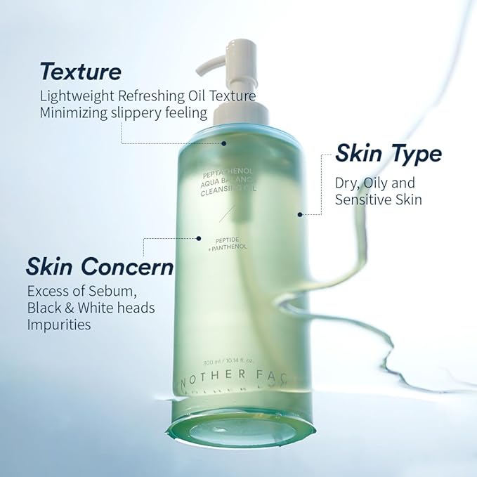 ANOTHERFACE PEPTATHENOL™ Aqua Balance Cleansing Oil, Korean Skin Care, Black Head & Waterproof Makeup Removal, Deep Cleansing, Quick Melting, Non-irritation for Sensitive Skin, Vegan, 10.14 Fl. Oz