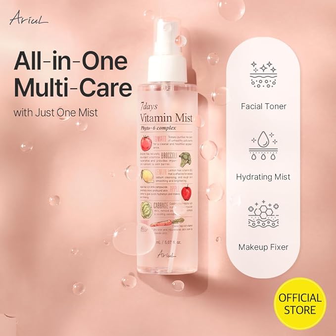 Ariul 7 Days Vitamin Mist 5.07 fl. oz. All Natural Green Graded Nutrients Facial Toner Moisturizing Spray - Biotin, Niacinamide, Riboflavin, Ascorbic Acid, Butylene Glycol, Cyanocobalamin