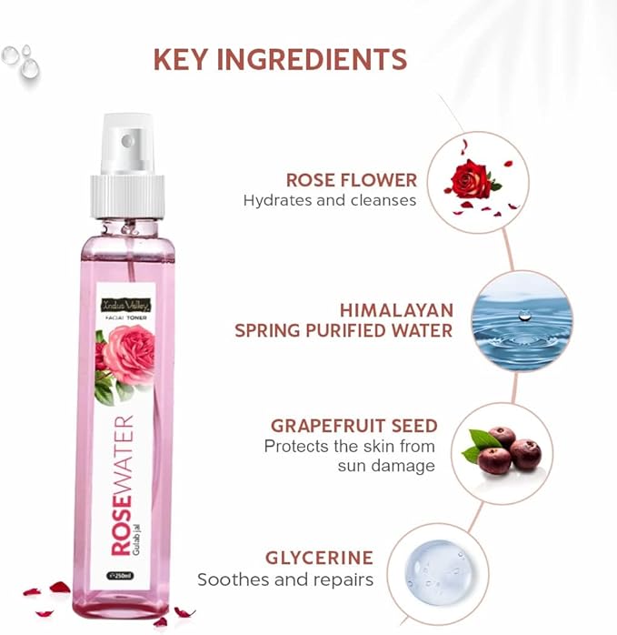 INDUS VALLEY Rosewater - Refreshing Face Mist with Damask Rose, All Skin Types - Hydrating Rose Water Spray for Glowing Skin Care - No Dyes or Alcohol, Hypoallergenic, Vegan 8.451fl. oz