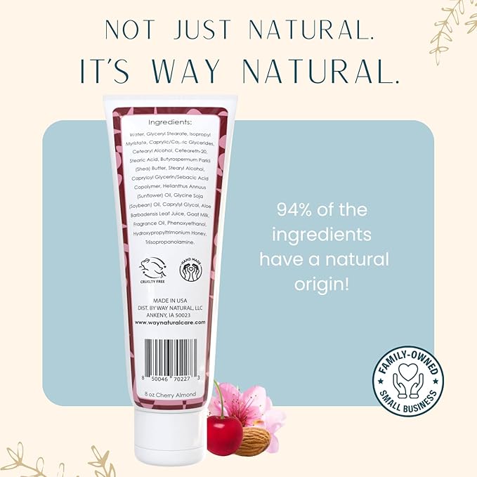 Nourishing Goat Milk Lotion, Cherry Almond - Home & Away Set, Natural Hand & Body Cherry Almond Lotion for Dry Skin - Goat Milk Hand Cream for Women & Men - 8oz & 2oz Travel Size Tube