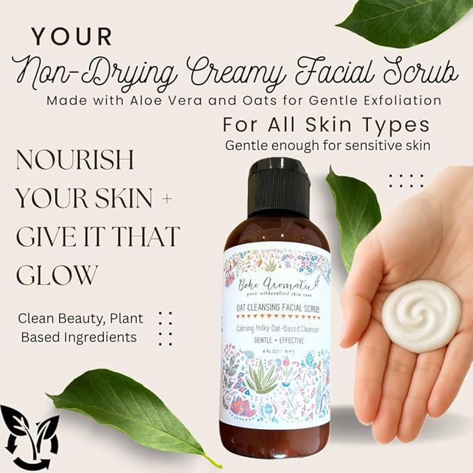 Exfoliating Face Scrub for Dry & Sensitive Skin – Gentle Oatmeal Facial Exfoliator & Cleanser, Soothing Milky Oat Polish, Hydrating Physical Scrub – Boho Aromatic