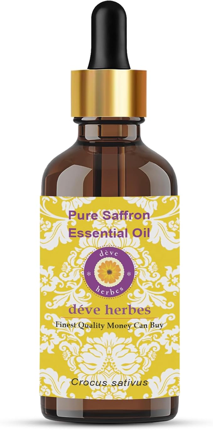 dève herbes Saffron Essential Oil (Crocus sativus) with Glass Dropper | Pure | Non-Sticky | Non-Greasy | Lightweight | Men & Women | All Skin Types | Steam Distilled 2ml (0.06 oz)