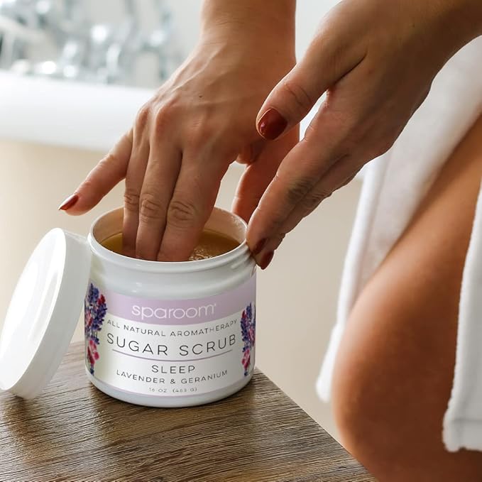 SpaRoom All Natural Aromatherapy Shea Butter and Raw Sugar Hydrating and Exfoliating Body Scrub, 16 oz, Sleep- Lavender and Geranium Essential Oils