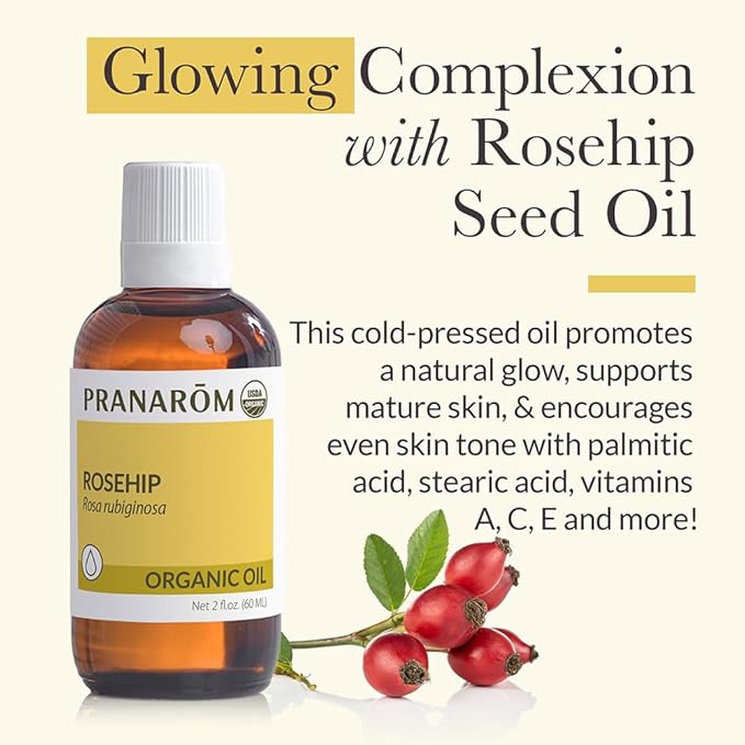 Pranarom - USDA Certified Organic Cold-Pressed Rosehip Virgin Plant Oil - 2 fl oz Glass Bottle - Massaging, Face, Hair & Skin, Unisex