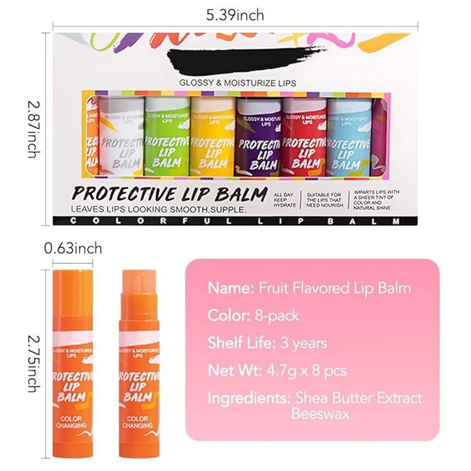 BINGBRUSH 8PCS Color Changing Lipstick Set, Moisturizing Long Lasting Waterproof Lipstick, Fruit Flavor Lip Tint Gloss, Hydrating Lip Color for Women