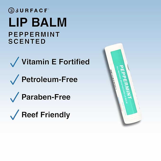 Surface Natural Lip Balm, Hydrating Mint for Kids and Adults, Moisturizing Lip Balm with Vitamin E, Beeswax and Peppermint Oil, Lip Care for Dry Sensitive Lips, Peppermint, 0.15oz