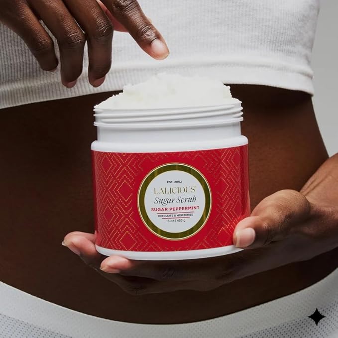 LALICIOUS Sugar Peppermint Extraordinary Whipped Sugar Scrub - Cane Sugar Body & Foot Scrub, Exfoliating & Moisturizing Skin Care with Coconut Oil & Honey, No Parabens (16oz)