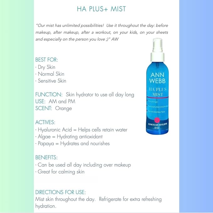 HA Plus Mist - Facial Mist, Hydrating & Nourishing Spray for calming skin, moisturizing, setting makeup, refreshes & hydrates face - Non-greasy, Soothing Skin Spritzer. 6oz