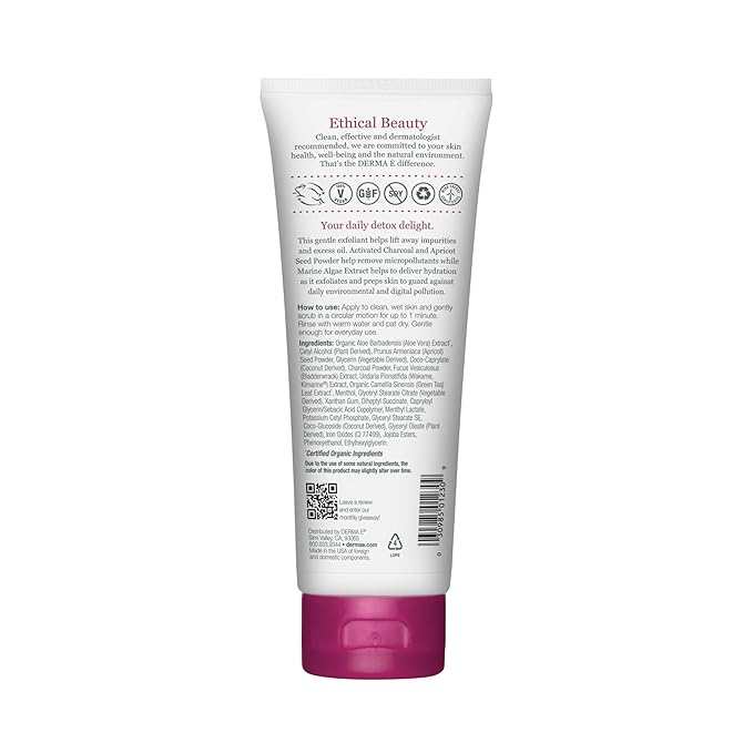 DERMA E Purifying Daily Facial Detox Scrub with Activated Charcoal and Seaweed Extract –Exfoliating Face Scrub Cleanses, Smooths and Brightens, 4oz