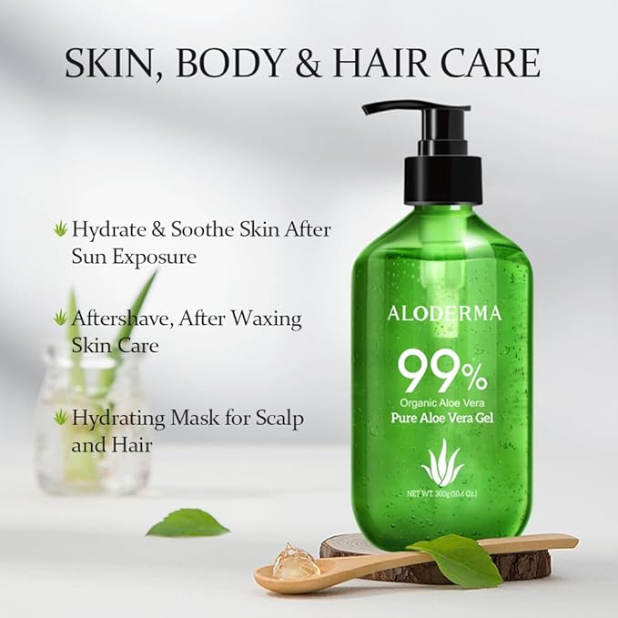 Aloderma Aloe Vera Gel Made within 12 Hours of Harvest with 99% Pure Organic Aloe Vera - Pump Bottle - Ideal for Face and Body, Soothing & Hydrating Sunburn Relief, Great for Scalp & Hair - 6 x 10.6oz