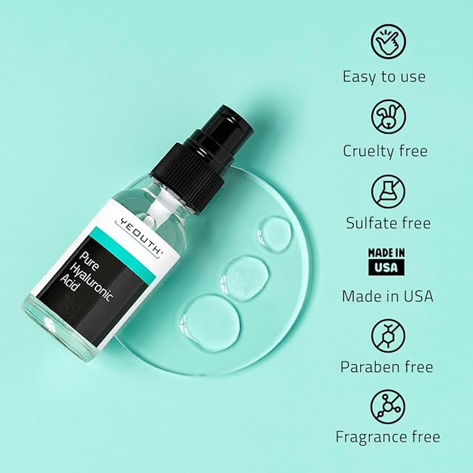 YEOUTH Pure Hyaluronic Acid Serum for Face 99% for Dry & Dull Skin, Hydrating Hyaluronic Acid Face Serum for Women & Men, Facial Care For All Skin Types 1oz