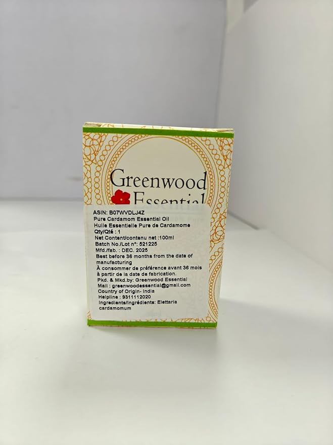 Greenwood Essential Pure Cardamom Essential Oil (Elettaria cardamomum Steam Distilled 100ml (3.38 oz)