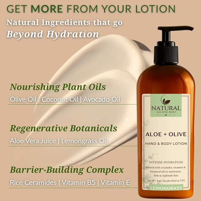 Natural Escapes Lemongrass Body Lotion & Hand Cream for Dry Skin, Firming Moisturizer for Crepey, Itchy & Sensitive Skin, with Coconut Oil, Olive Oil & Ceramides, 8 oz