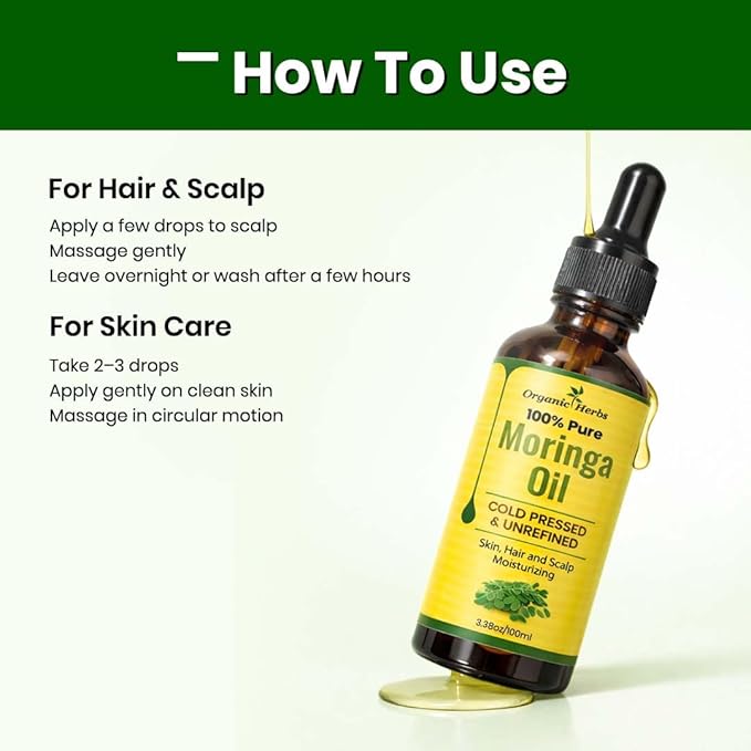 100% Pure Moringa Oil Cold Pressed and Unrefined Moisturizer Oil for Hair, Scalp and Skin | 3.8Oz/100ml