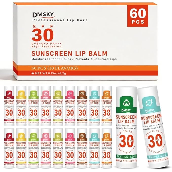 DMSKY SPF 30 Sunscreen Lip Balm, Lip Sunscreen Travel Size 60 Pack, Clear No White Cast Sun Protection Lip Care with Vitamin E, Broad Spectrum SPF Lip Balm 10 Flavors