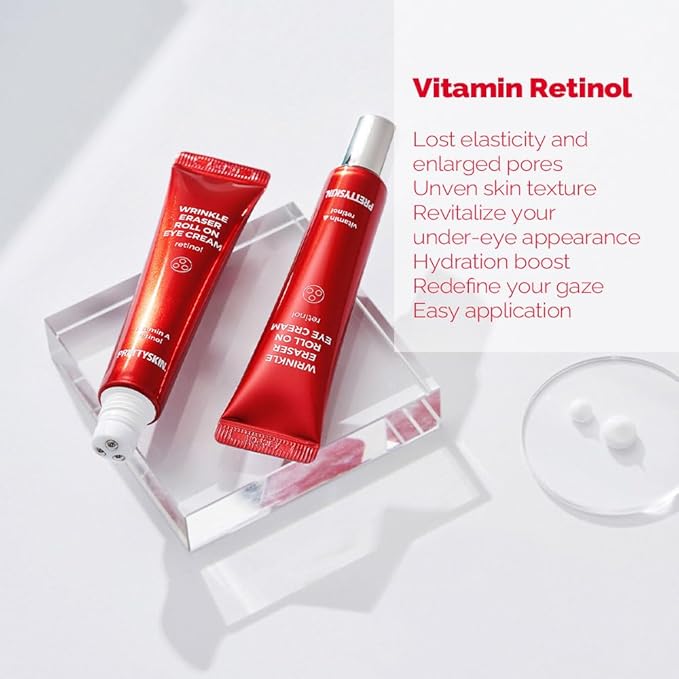 PRETTYSKIN Roll On Eye Cream with Vitamin A and Stainless Steel ball Tip- Under Eye Roller Cream for Elasticity Wrinkles Puffiness Fine Lines-Korean eye cream 30ml/1.01fl.oz. (Retinol)