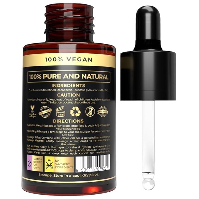 100% Plant Based Macadamia Hair Oil with Dropper | Perfect Macadamia Oil for Soft Skin, Strong Hair, Scalp Massage, Face Moisturizer & Body Massage | Sulfate & Paraben Free