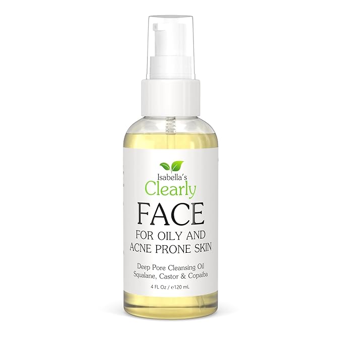 Isabella's Clearly FACE Balancing Cleansing Oil for Oily & Blemish-Prone Skin | Waterless Natural Facial Cleanser & Makeup Remover with Grapeseed & Vegan Squalane | Made in USA (4 Oz)