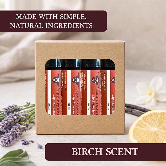 Birch Tallow Lip Balm – Certified Organic Grass-Fed Tallow, Deep Conditioning for Dry, Chapped Lips, 4-Pack (.15 oz Tubes)