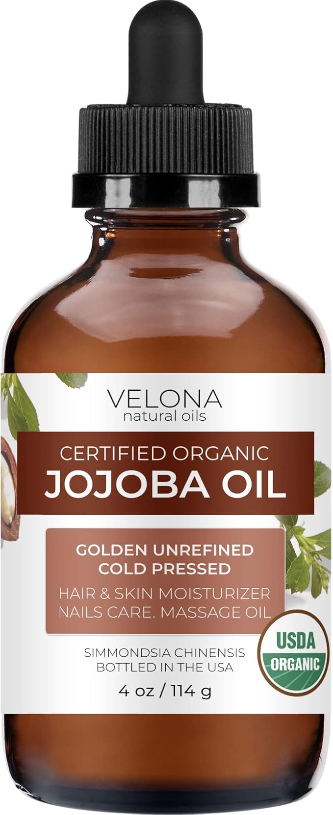 velona Jojoba Oil USDA Certified Organic - 4 fl oz (With Dropper) | Golden, Unrefined, Cold Pressed | Hexane Free