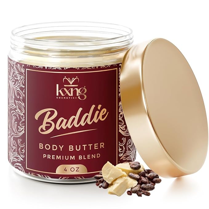 KXNG Cosmetics Organic Shea Body Butter Cream – 4oz | Luxury Moisturizing Cream for Men & Women with Shea, Cocoa & Coconut Oil | Deep Hydration for Dry Skin, Hands & Feet - Baddie