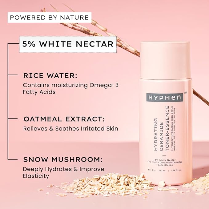 Hyphen 7% Ceramides-NMF Milky Face Toner Essence | 5% Glass Skin Blend of Rice Water, Oatmeal & Snow Mushroom Extracts |Hydrates & Nourishes| Alcohol Free Toner| for All Skin Types - 100ml