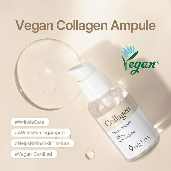 9wishes Vegan Collagen Ampule - Multi-Peptide Face Serum with Copper Peptide & Collagen for Firming, Plumping & Skin Elasticity, Korean Skincare - 30ml /1 .01 fl.oz.