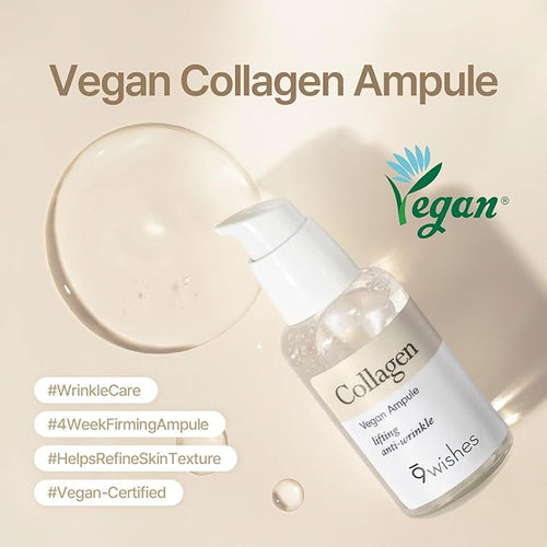 9wishes Vegan Collagen Ampule - Multi-Peptide Face Serum with Copper Peptide & Collagen for Firming, Plumping & Skin Elasticity, Korean Skincare - 30ml /1 .01 fl.oz.