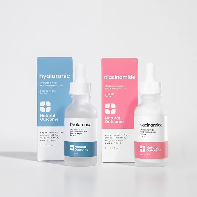 Natural Outcome Hydrating Hyaluronic Acid Serum and 10% Niacinamide Face Serum - Lightweight Anti Aging Facial Serum Set 1 oz Each, Vegan, Cruelty Free & Fragrance Free