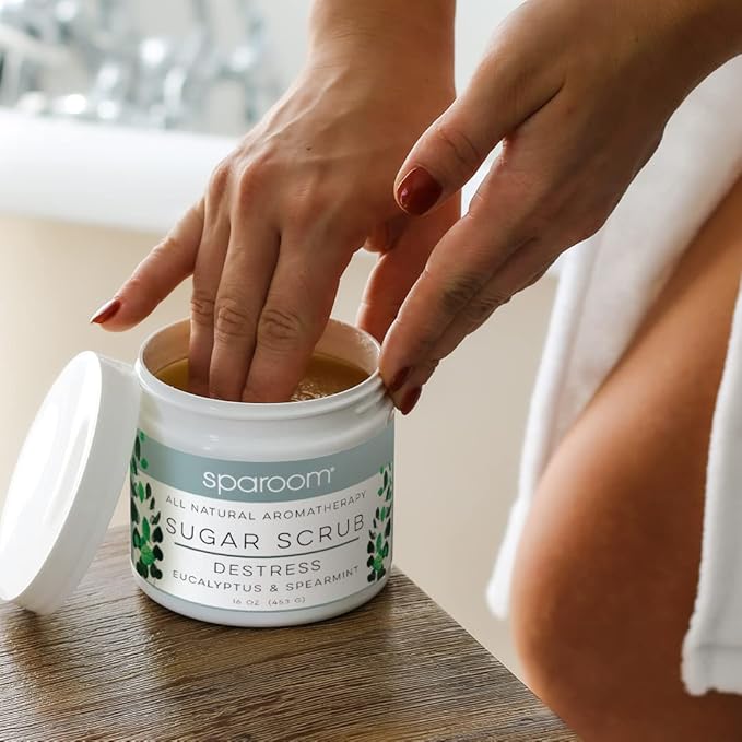 SpaRoom All Natural Aromatherapy Shea Butter and Raw Sugar Hydrating and Exfoliating Body Scrub, 16 oz, Destress- Eucalyptus and Spearmint Essential Oils