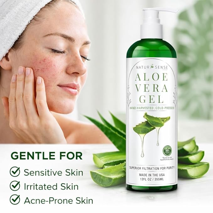 NTRSNS NaturSense 99% Organic Aloe Vera Gel. Deep Hydration, Effective Moisturizing. For Hair, Scalp, Face, Acne, Sunburn, Dry Winter Skin, Sensitive Skin, Shaving. Unscented, 12 oz. Made in the USA