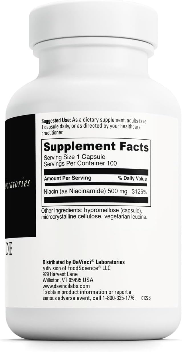 Davinci Labs Niacinamide - Dietary Supplement with Vitamin B3 to Support Fat Metabolism, Circulation and Healthy Skin* - with 500 mg Niacinamide per Serving - Gluten-Free - 100 Vegetarian Capsules