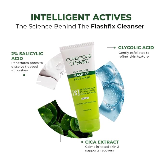 Conscious Chemist® 2% Salicylic Acid Face Wash | 100ml | Face Wash for Oily & Acne Prone Skin for Men & Women, Glycolic Acid & CICA Extract, For Glowing & Radiant Skin, Vegan & Cruelty Free - Flashfix