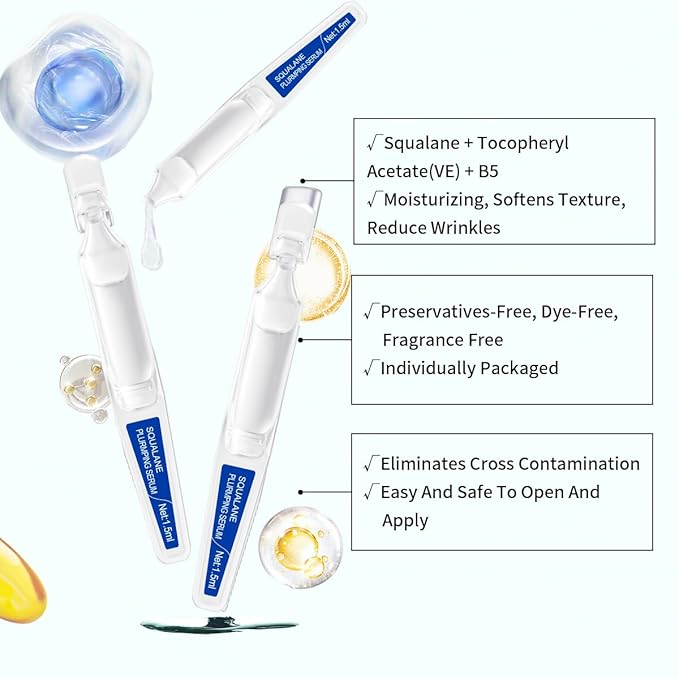 Squalane + Ceramide Face Serum with Vitamin E, Vitamin B5 and Vitamin A derivative, Deep Hydration & Skin Barrier Repair & Plump Skin, Lightweight Non-Greasy 15 Single-Use Ampoules