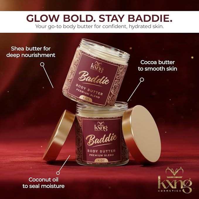 KXNG Cosmetics Organic Shea Body Butter Cream – 4oz | Luxury Moisturizing Cream for Men & Women with Shea, Cocoa & Coconut Oil | Deep Hydration for Dry Skin, Hands & Feet - Baddie
