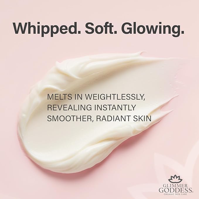 Glimmer Goddess Organic Whipped Body Butter for Women - Moisturizer Cream with Shea & Cocoa Butter, Almonds & Coconut Oil - Unscented, 8oz