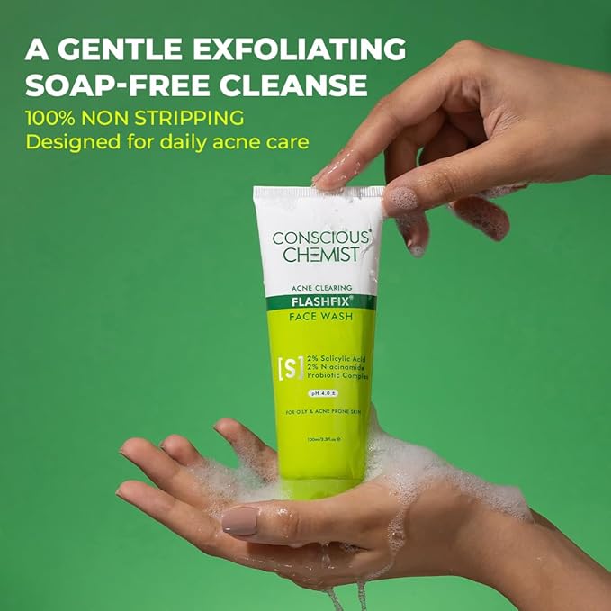 Conscious Chemist® 2% Salicylic Acid Face Wash | 100ml | Face Wash for Oily & Acne Prone Skin for Men & Women, Glycolic Acid & CICA Extract, For Glowing & Radiant Skin, Vegan & Cruelty Free - Flashfix