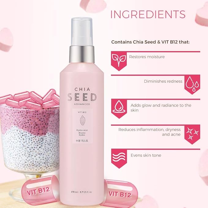 THE FACE SHOP Chia Seed Hydro Hydrating Mist | Mild Soothing Watery Mist with Instant Hydration & Soothes on Irritated Skin | Formulated for Intense, Upgraded & Hydrating Care, 5.5 Fl Oz