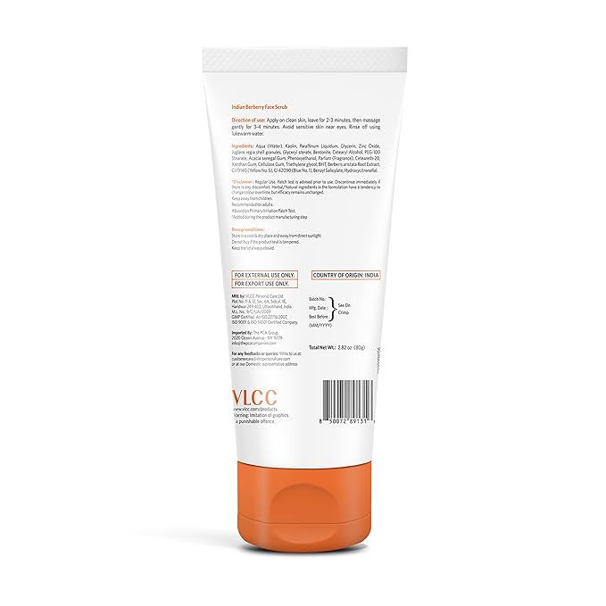 VLCC Berberry Face Scrub - Facial Cleanser with Papaya Seed and Date Extract - Gentle Face Exfoliator for Smooth Skin - 2.82 oz