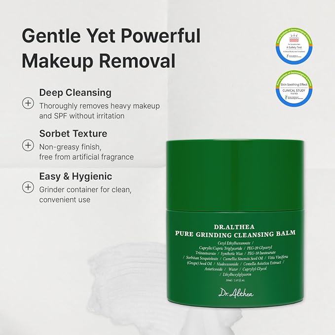 Dr.Althea Pure Grinding Cleansing Balm | Hygenic One-Step Makeup Cleansing Oil with Madecassoside | Non-Greasy Sorbet Texture | Soothing for All Skin Types | Korean Vegan Skin Care | 1.69 Fl Oz
