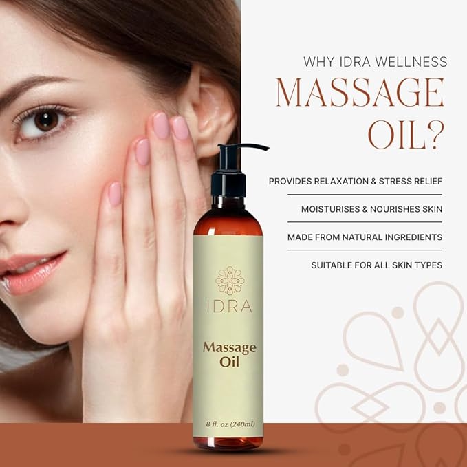 Idra Wellness Body Massage Oil for Massage Therapy - Contains Lavender, Rose, Ylang Ylang - 100% Pure - 240ml, Multipurpose Instant Absorption Full Body Massage Oil - 8 Fl Oz